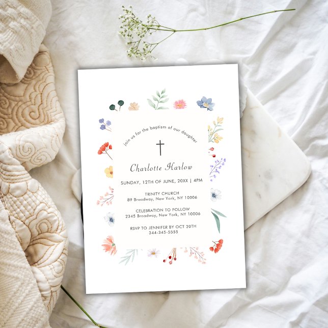 Boho Wildflower Floral Frame Cross Baptism Invitation (Boho Wildflower Floral Frame Cross Baptism Invitation)