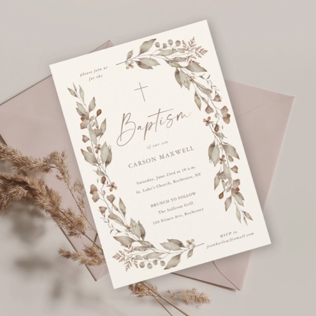 Boho Wildflower Floral Gender Neutral Baptism Invitation (Boho wildflower elegant ivory gender neutral baptism christening invitation.)