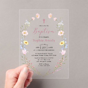 Boho Wildflower Floral Girl Baptism Acrylic Invitations