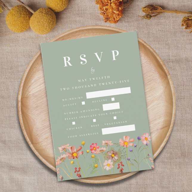 Boho Wildflower Floral Meal Options Green Wedding RSVP Card (Boho wildflower floral sage green wedding rsvp including card Meal choices food allergies)