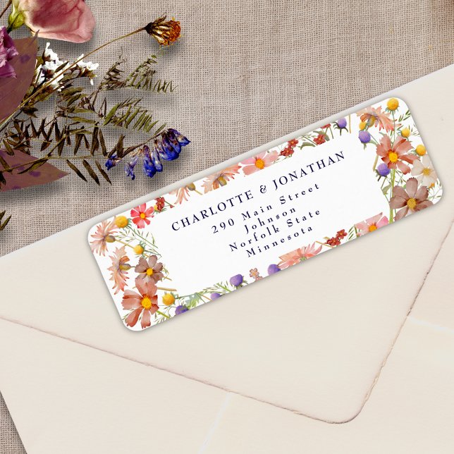 Boho Wildflower Floral Navy Blue White Wedding (Boho fall rustic wildflower floral burnt orange navy blue white wedding return address label sticker)