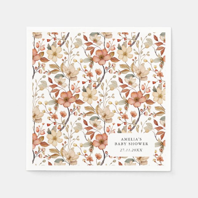 Boho Wildflower Floral White Baby Shower Napkin (Front)