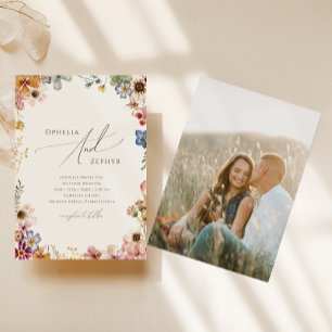 Boho Wildflower Garden Beige Photo Casual Wedding Invitation