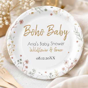 Boho Wildflower Garden Watercolor Baby Shower Paper Plate