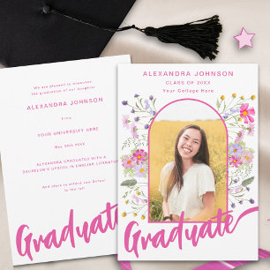 Boho Wildflower Graduate Photo Arch Pink Script Announcement
