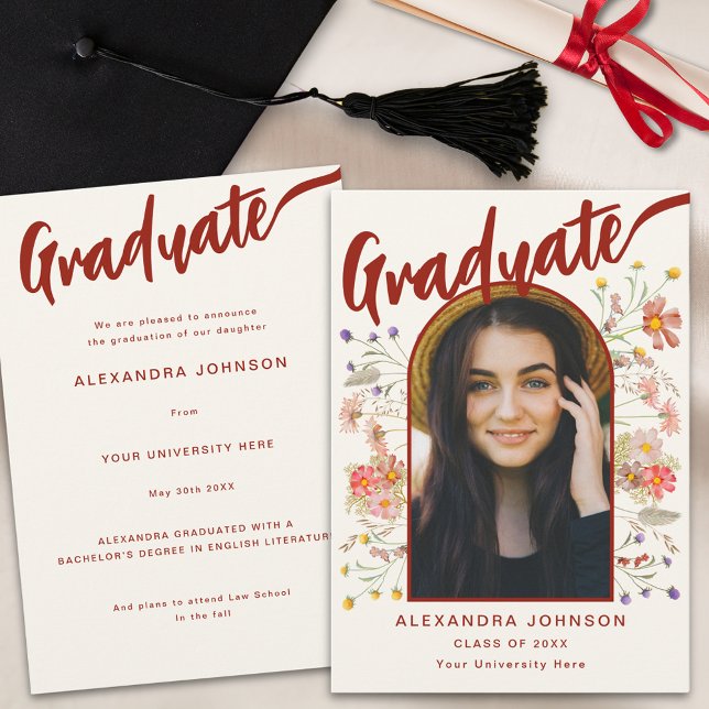 Boho Wildflower Graduate Photo Elegant Script Announcement (Boho wildflower arch graduate photo stylish burnt orange calligraphy graduation announcement card)
