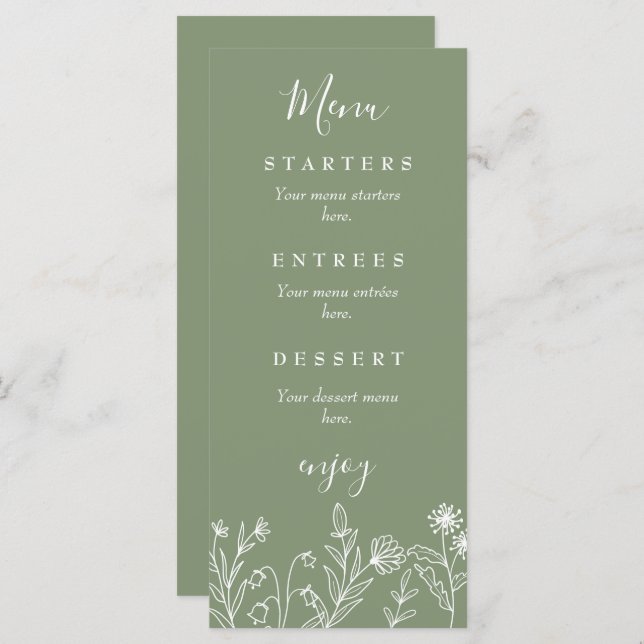 Boho wildflower green wedding menu (Front/Back)