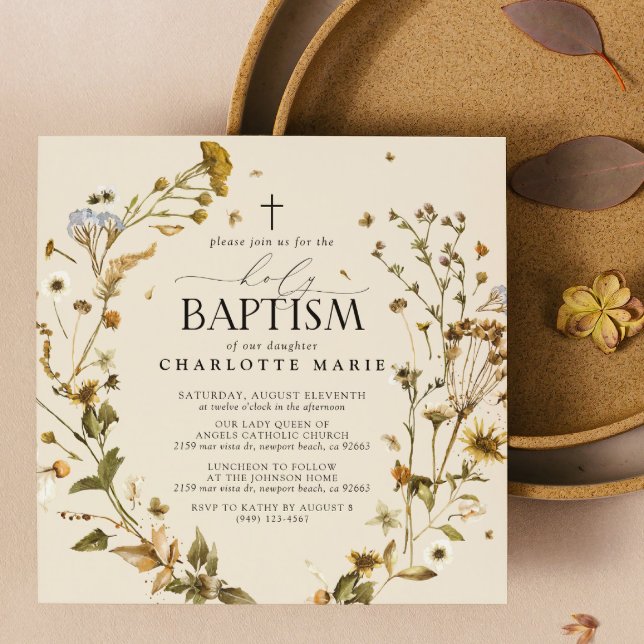 Boho Wildflower Holy Baptism Elegant Cross Floral  Invitation (Holy Baptism Invitations!)