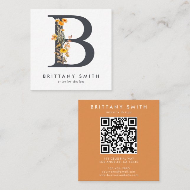 Boho Wildflower Initial B QR Code Square Business Card (Front/Back)