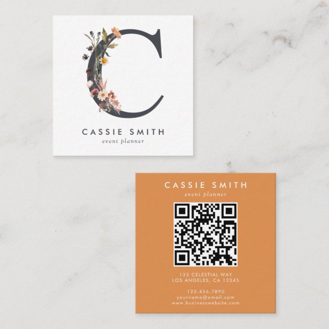 Boho Wildflower Initial C QR Code Square Business Card (Front/Back)