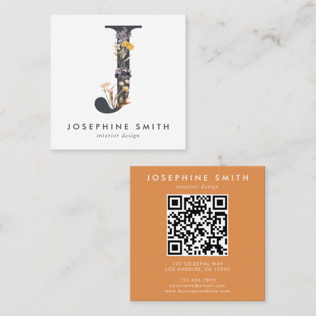 Boho Wildflower Initial J QR Code Square Business Card (Front/Back)
