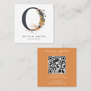 Boho Wildflower Initial O QR Code Square Business Card