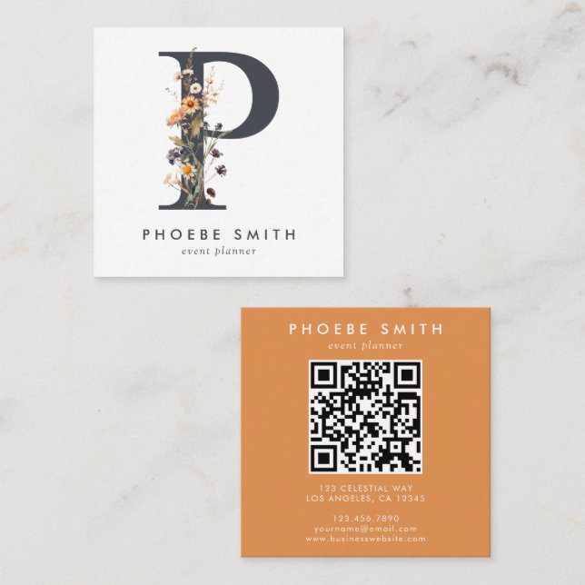 Boho Wildflower Initial P QR Code Square Business Card (Front/Back)
