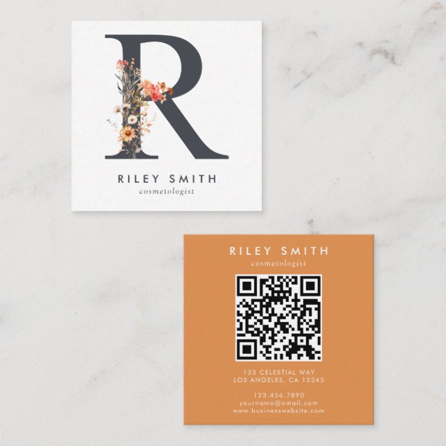 Boho Wildflower Initial R QR Code Square Business Card (Front/Back)