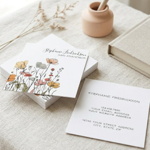 Boho Wildflower Line Art Elegant Script Square Business Card