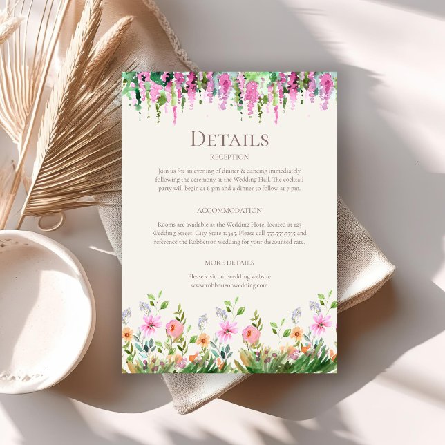 Boho Wildflower Meadow and Acacia Wedding Details  Invitation (Boho Wildflower Meadow and Acacia Wedding Details Invitation on a boho wedding table.)