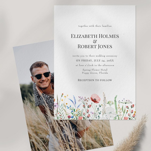 Boho Wildflower Meadow Couple Photo Wedding Invitation (Creator Uploaded)