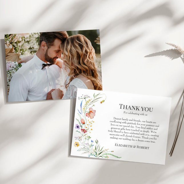 Boho Wildflower Meadow Couple Photo Wedding Thank You Card (Boho Wildflower Meadow Couple Photo Wedding Thank You Card on a sunny white table.)