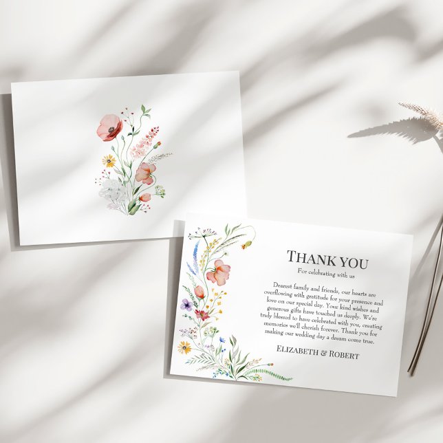 Boho Wildflower Meadow Wedding Thank You Card (Boho Wildflower Meadow Wedding Thank You Card on a sunny white table.)