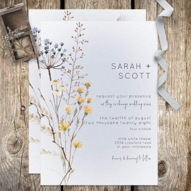 Boho Wildflower Modern Blue Wedding Invitation (Creator Uploaded)