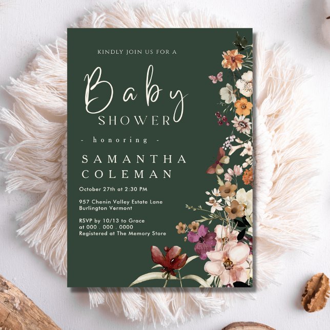 Boho Wildflower Modern Dark Green Cute Baby Shower Invitation (Creator Uploaded)