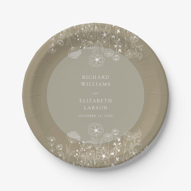 Boho Wildflower Modern Watercolor Wedding Paper Plate (Front)