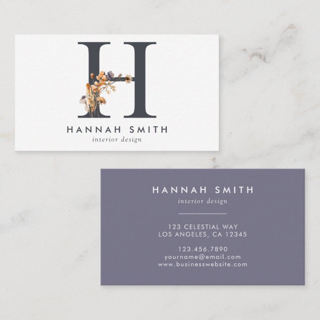 Boho Wildflower Monogram Initial H Business Card (Front/Back)