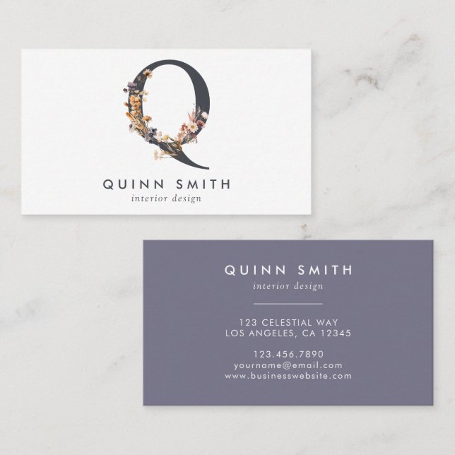 Boho Wildflower Monogram Initial Q Business Card (Front/Back)