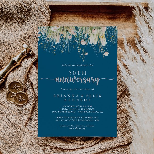 Boho Wildflower Navy 50th Wedding Anniversary  Invitation (Creator Uploaded)