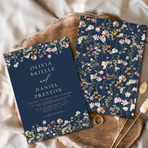 Boho Wildflower Navy Blue Garden Wedding Invitation