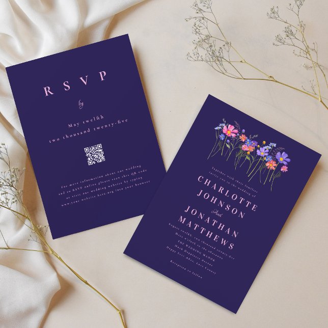 Boho Wildflower Navy Blue Pink Wedding QR Code Invitation (Elegant wildflower vibrant blue pink floral navy blue wedding qr code invitation)