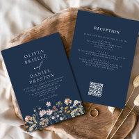 Boho Wildflower Navy Blue QR Code Wedding