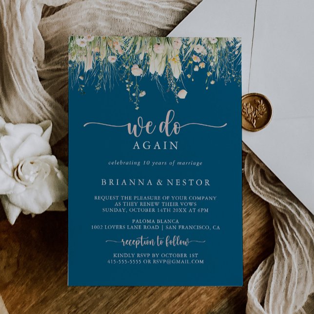 Boho Wildflower Navy Blue We Do Again Vow Renewal  Invitation (Creator Uploaded)