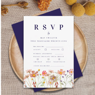 Boho Wildflower Navy Blue Wedding Meal Options RSVP Card