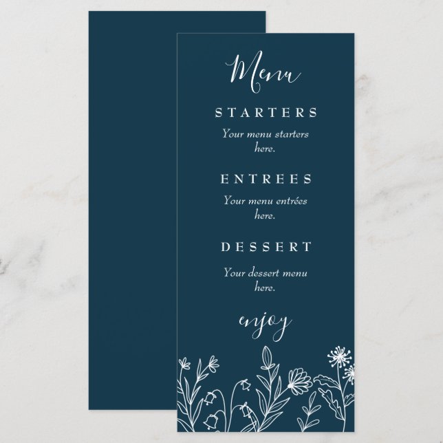 Boho wildflower navy blue wedding menu (Front/Back)