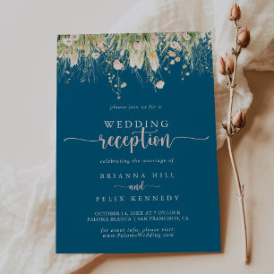 Boho Wildflower Navy Blue Wedding Reception Invitation