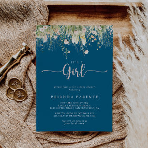 Boho Wildflower Navy It's A Girl Baby Shower  Invitation