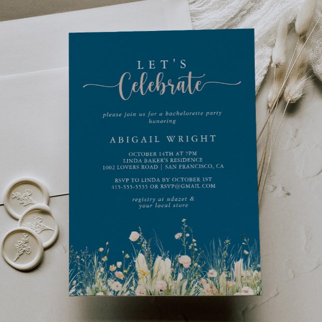 Boho Wildflower Navy Let's Celebrate Party  Invitation (Creator Uploaded)