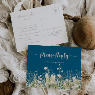 Boho Wildflower Navy Menu Choice RSVP Postcard