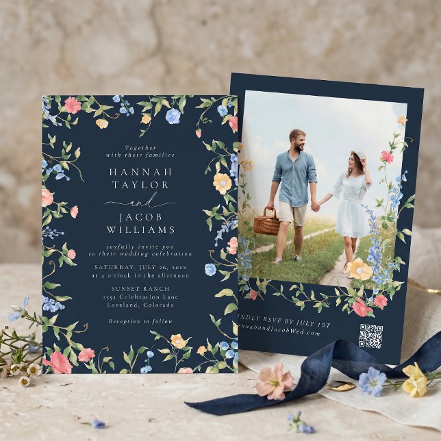 Boho Wildflower Navy Photo QR Code RSVP Wedding Invitation (Creator Uploaded)