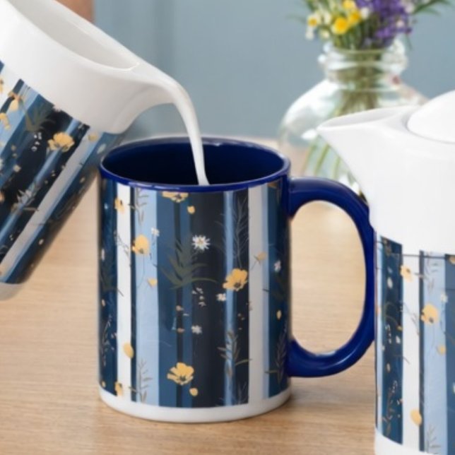 Boho Wildflower Navy Striped Modern Home Decor  Mug (Creator Uploaded)