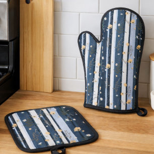 Boho Wildflower Navy Striped Modern Home Decor  Oven Mitt & Pot Holder Set