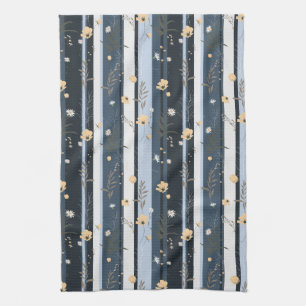 Boho Wildflower Navy Striped Modern Home Decor  Tea Towel