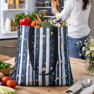 Boho Wildflower Navy Striped Modern Home Decor  Tote Bag