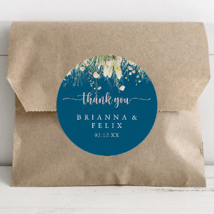 Boho Wildflower Navy Thank You Wedding Favour  Classic Round Sticker