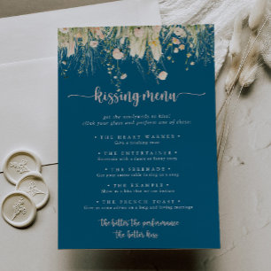 Boho Wildflower Navy Wedding Kissing Menu Game 