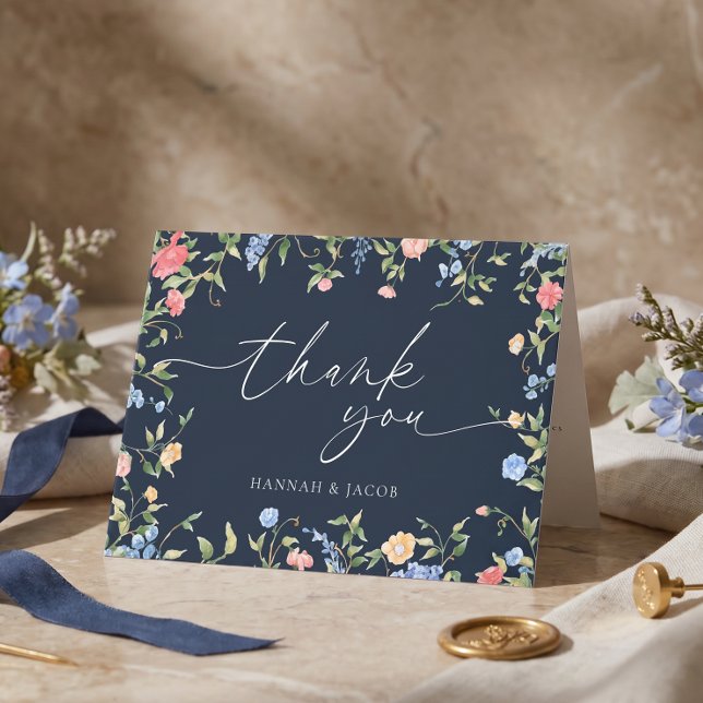 Boho Wildflower Navy Wedding Thank You Card (Creator Uploaded)