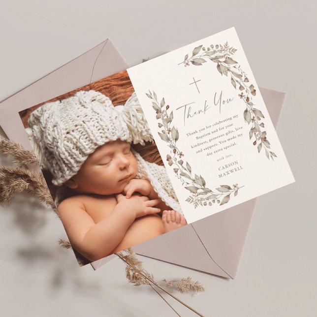 Boho Wildflower Neutral Photo Baptism Thank You Invitation (Boho wildflower elegant ivory gender neutral photo baptism thank you card.)