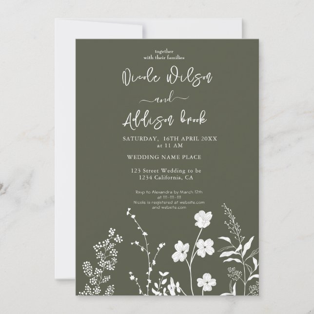 Boho Wildflower Olive Green Wedding Invitation (Front)