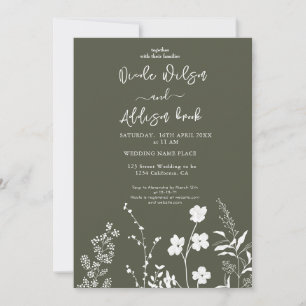 Boho Wildflower Olive Green Wedding Invitation